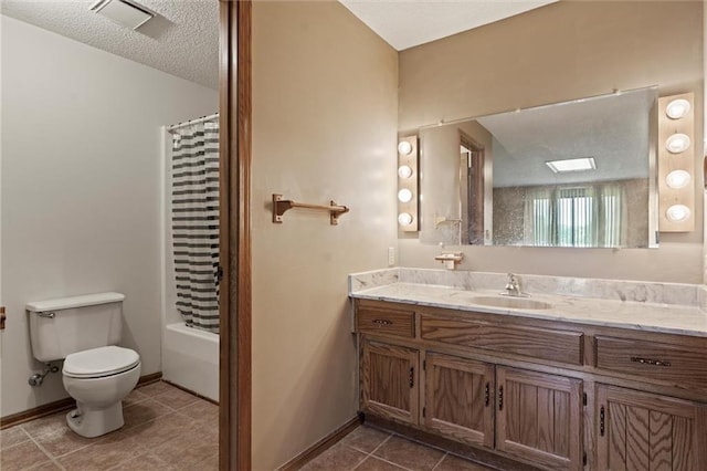 full bathroom with shower / bathtub combination with curtain, a textured ceiling, tile floors, toilet, and oversized vanity