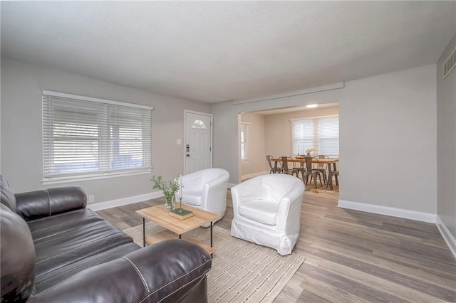 living room featuring dark wood-type flooring and a wealth of natural light