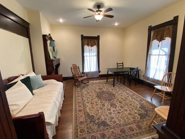 living room with dark hardwood / wood-style flooring and ceiling fan