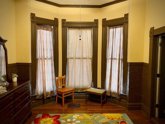 bedroom featuring multiple windows, crown molding, and dark hardwood / wood-style floors