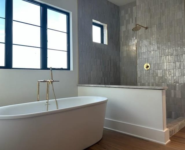 bathroom featuring plus walk in shower and wood-type flooring