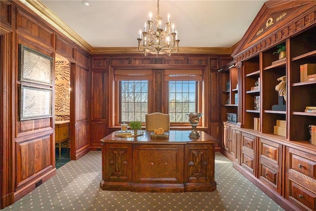 office area with ornamental molding, a notable chandelier, and wooden walls