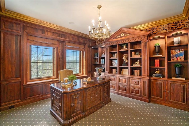 office with a notable chandelier, crown molding, and wood walls