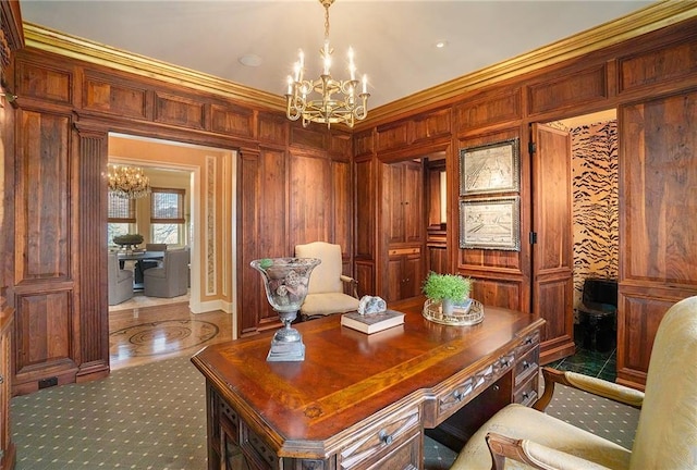 office featuring wood walls, ornamental molding, and a chandelier