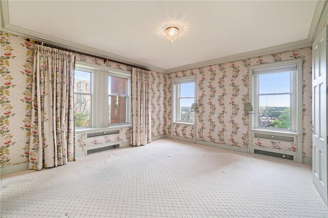 carpeted empty room featuring plenty of natural light and ornamental molding