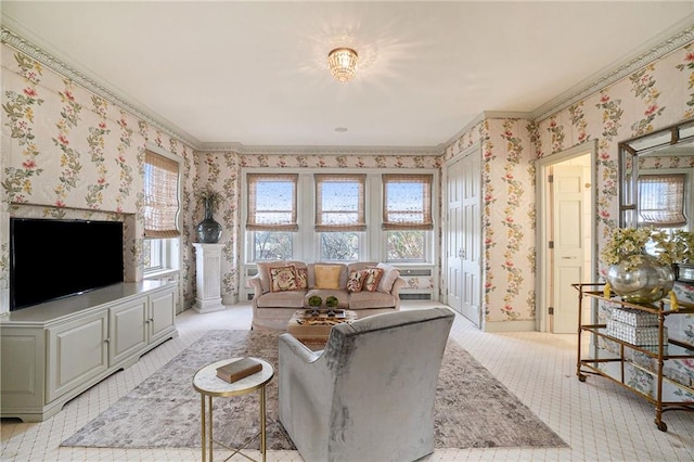 living room with ornamental molding and light carpet