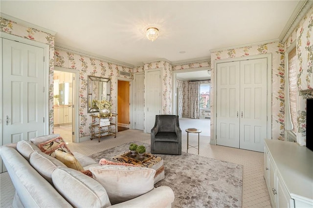 carpeted living room featuring crown molding and a wall unit AC