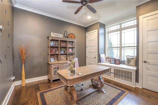 home office featuring ornamental molding, dark hardwood / wood-style floors, and ceiling fan