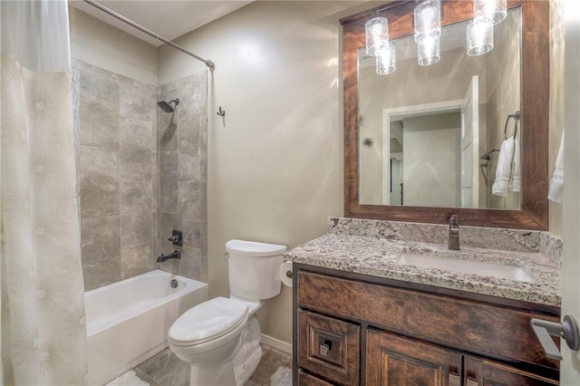 full bathroom with shower / tub combo, vanity, and toilet