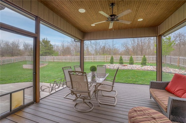 sunroom / solarium with wooden ceiling and ceiling fan