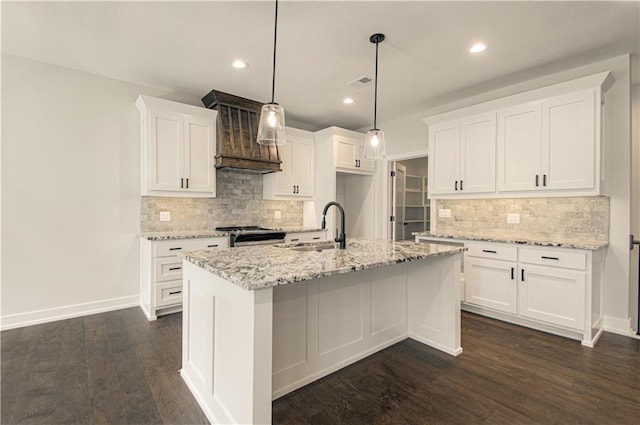 16615 NW 124th St, Platte City, MO 64079 - kitchen featuring custom range hood, tasteful backsplash, dark wood-style flooring, recessed lighting, and white cabinetry