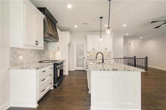 16615 NW 124th St, Platte City, MO 64079 - kitchen featuring range, tasteful backsplash, dark wood finished floors, white cabinets, and recessed lighting