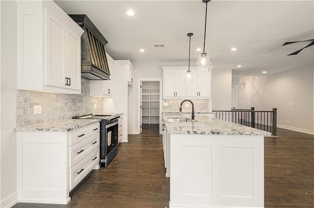 16615 NW 124th St, Platte City, MO 64079 - kitchen with gas range, decorative backsplash, dark wood finished floors, an island with sink, and recessed lighting