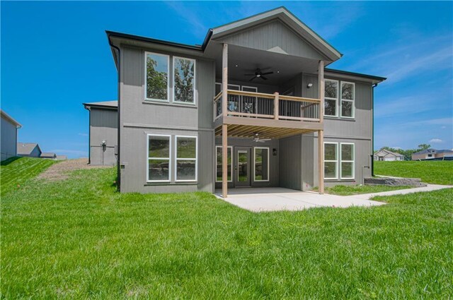 16615 NW 124th St, Platte City, MO 64079 - back of property featuring a balcony, ceiling fan, a lawn, and a patio area