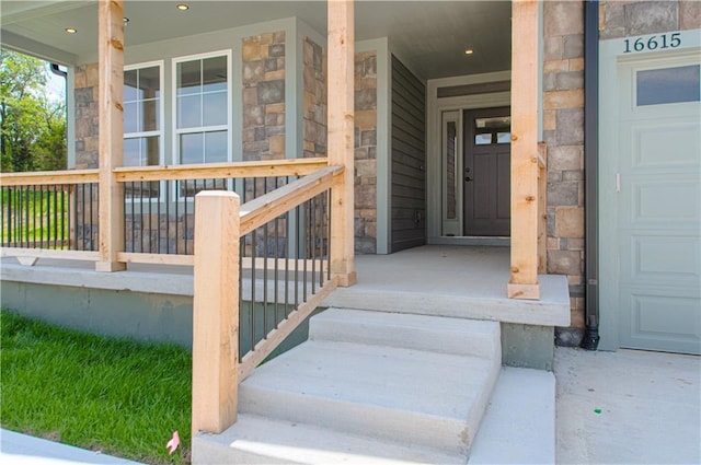 16615 NW 124th St, Platte City, MO 64079 - entrance to property featuring stone siding and a porch
