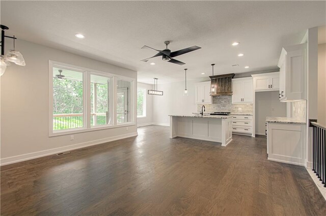 16615 NW 124th St, Platte City, MO 64079 - kitchen with ceiling fan, decorative backsplash, white cabinetry, premium range hood, and dark wood-style floors