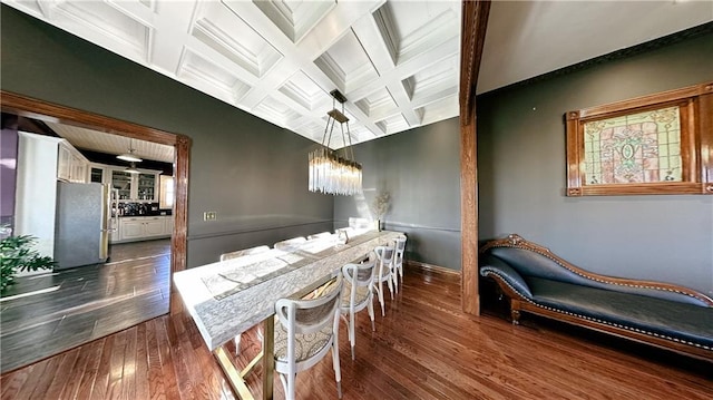 dining area featuring coffered ceiling, a notable chandelier, dark wood-type flooring, and beamed ceiling