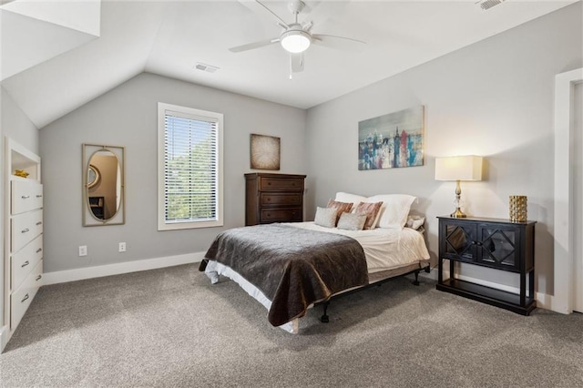 bedroom featuring light colored carpet, ceiling fan, and vaulted ceiling