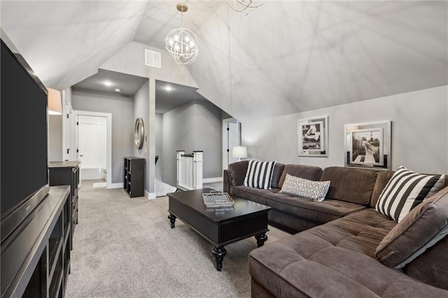 living room featuring light colored carpet, vaulted ceiling, and a notable chandelier