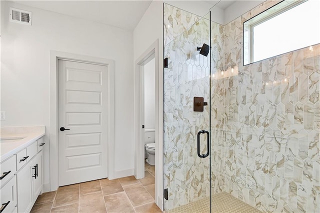14500 Meadow Ln, Leawood, KS 66224 - bathroom featuring visible vents, toilet, vanity, tile patterned floors, and a stall shower