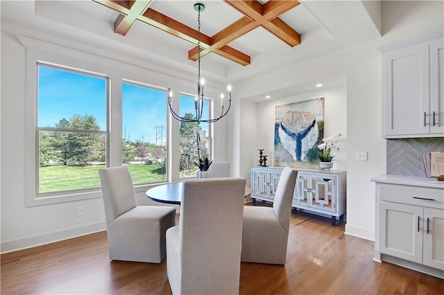 14500 Meadow Ln, Leawood, KS 66224 - dining space with baseboards, wood finished floors, and coffered ceiling