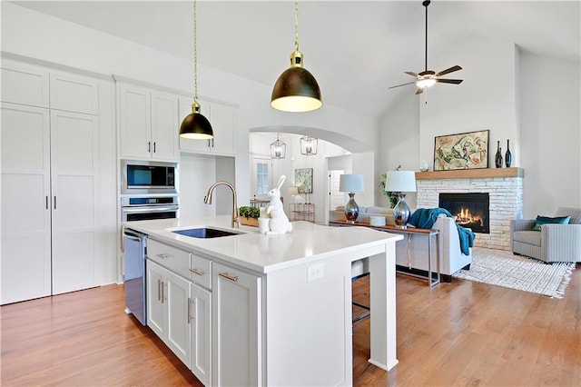 14500 Meadow Ln, Leawood, KS 66224 - kitchen with light wood-type flooring, appliances with stainless steel finishes, a sink, and white cabinetry