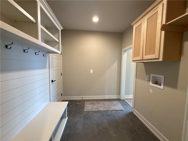 mudroom featuring dark wood-type flooring