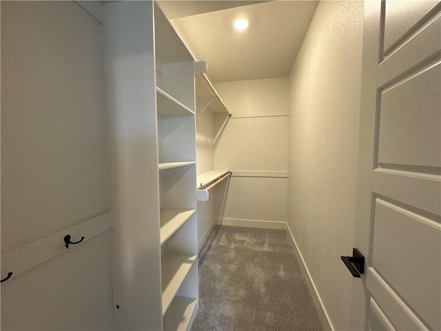 walk in closet featuring dark colored carpet