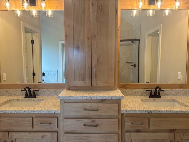 bathroom with vanity and a shower with shower door