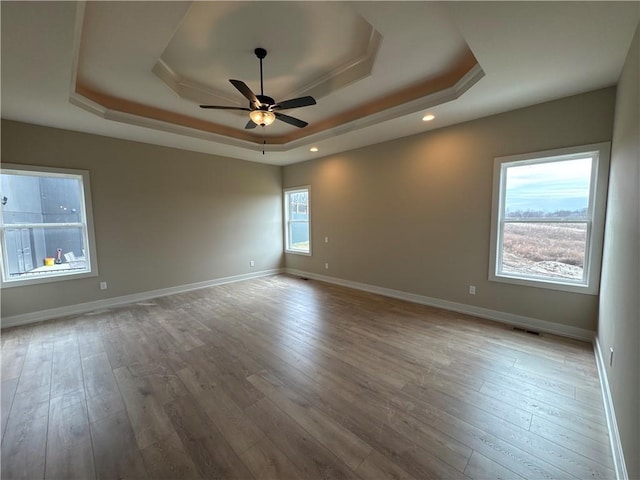 spare room featuring hardwood / wood-style floors, a raised ceiling, and ceiling fan