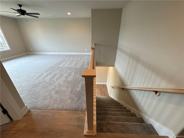 stairway featuring carpet and ceiling fan