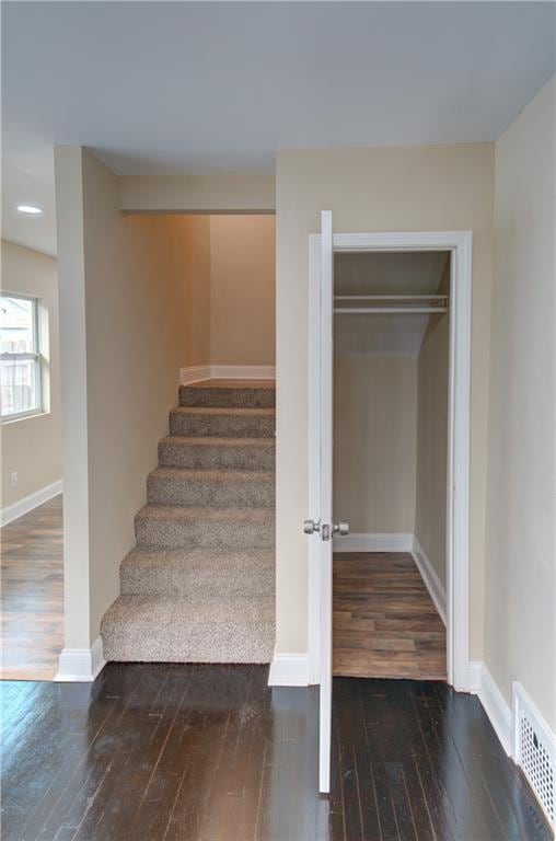 stairs featuring dark wood-type flooring