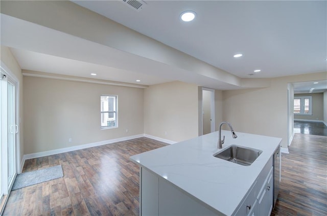 kitchen with light stone countertops, dark wood-type flooring, a kitchen island with sink, and sink