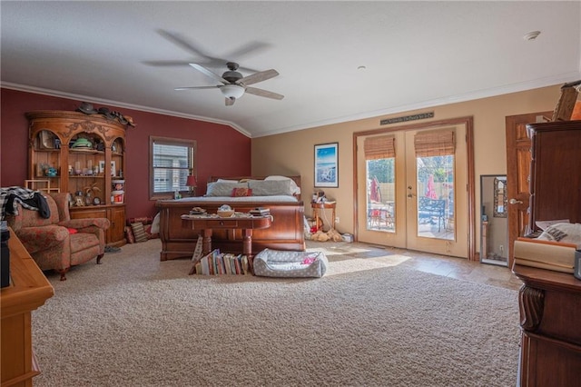 bedroom with ceiling fan, access to exterior, ornamental molding, light carpet, and vaulted ceiling