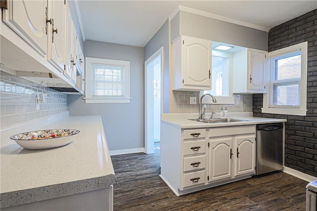 kitchen featuring white cabinets, backsplash, dark wood-type flooring, and dishwasher