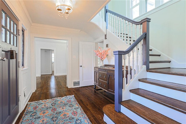 entryway featuring crown molding, a wealth of natural light, and dark wood-type flooring