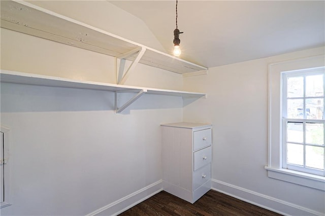 spacious closet with dark wood-type flooring and vaulted ceiling