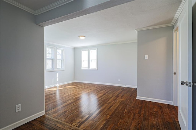 unfurnished room with dark hardwood / wood-style floors and ornamental molding