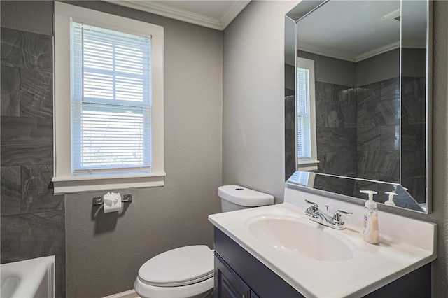 full bathroom with vanity, plenty of natural light, toilet, and ornamental molding