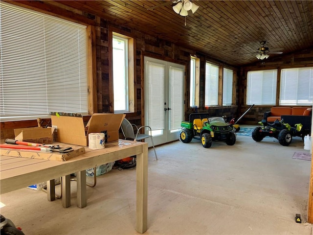 15523A W 303rd St, Paola, KS 66071 - interior space featuring wood ceiling, french doors, and ceiling fan