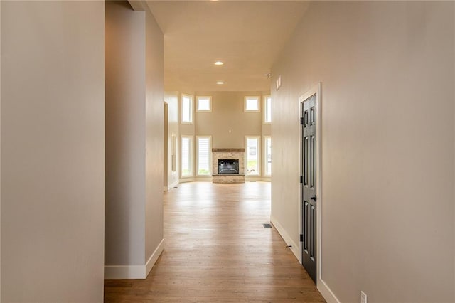 149 S Linn Valley Dr, Linn Valley, KS 66040 - hallway with baseboards, wood finished floors, and recessed lighting