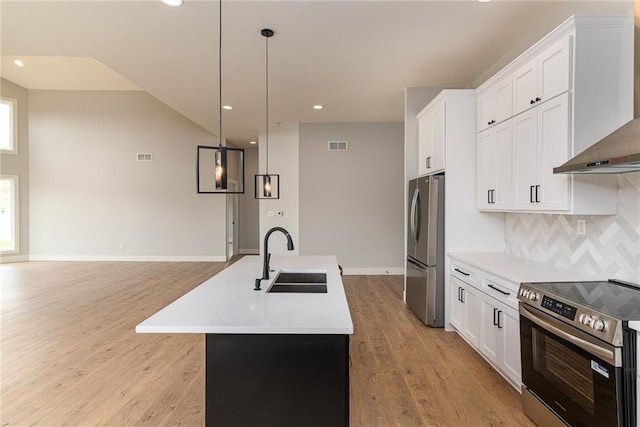 149 S Linn Valley Dr, Linn Valley, KS 66040 - kitchen with appliances with stainless steel finishes, a sink, wall chimney range hood, decorative backsplash, and light wood finished floors
