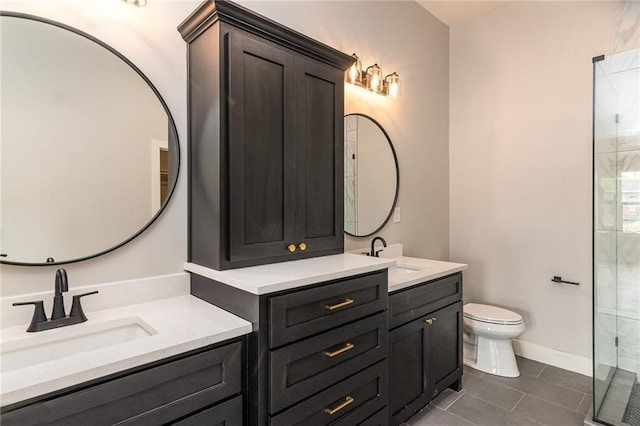 149 S Linn Valley Dr, Linn Valley, KS 66040 - bathroom featuring tile patterned floors, toilet, two vanities, and a shower