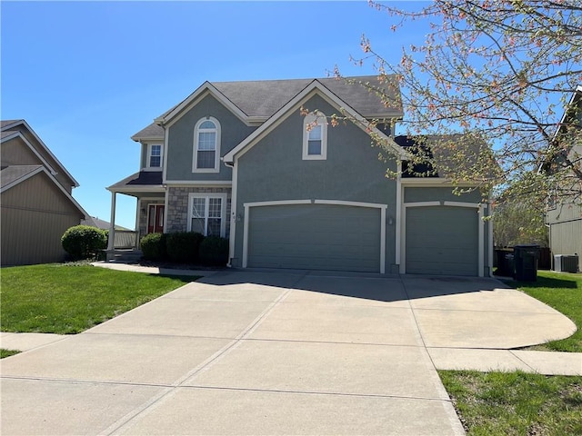 view of front facade with central AC, driveway, stone siding, stucco siding, and a front lawn