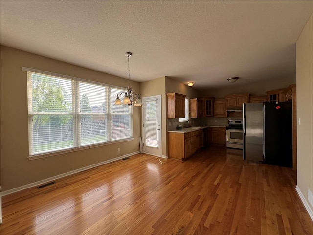 kitchen featuring pendant lighting, stainless steel appliances, sink, hardwood / wood-style flooring, and a chandelier