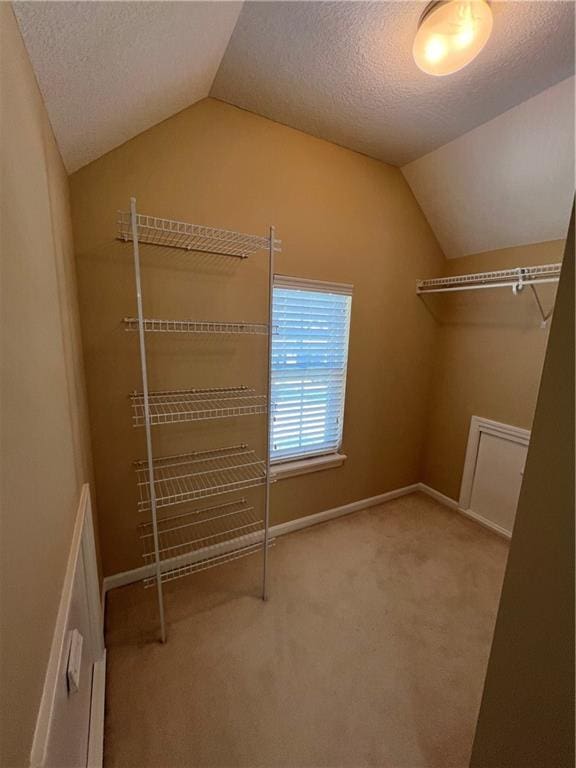 walk in closet featuring lofted ceiling and light colored carpet