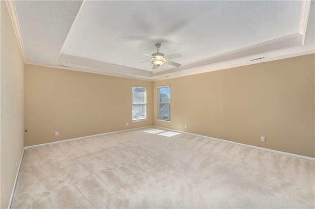 spare room featuring a textured ceiling, ornamental molding, carpet flooring, and a raised ceiling