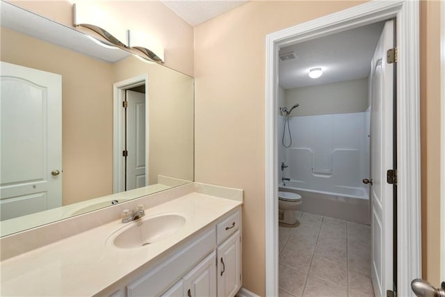 full bathroom featuring shower / tub combination, toilet, tile patterned flooring, vanity, and visible vents