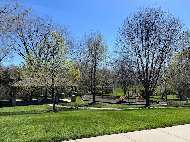 view of property's community with a lawn and playground community