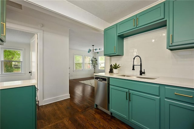 kitchen featuring dark wood-type flooring, green cabinets, backsplash, sink, and dishwasher